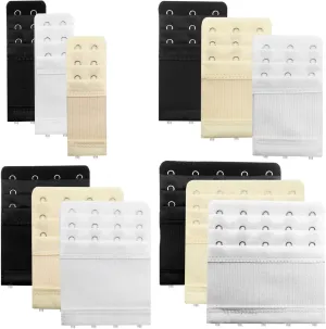 12 Pieces Flexible Bra Extender Strap 2/3/4/5 Hooks 3 Rows Adjustable Elastic Bra Band Extension for Women, Black/White/Beige