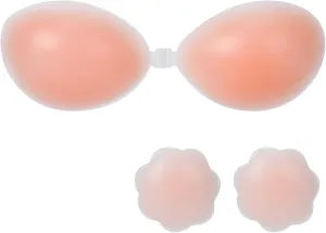 A Cup Invisible Push Up Adhesive Silicone Bra, Soft Flexible and Skin-Friendly Bra with Nipple Covers, Reusable Blend Seamless and Waterproof Lift Bra for Low Cut Top