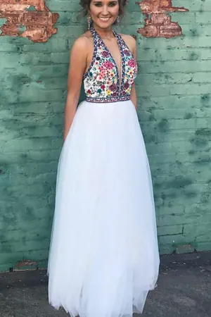 A-Line Deep V-Neck Floor-Length White Tulle Printed Sleeveless Prom Dress LRA324