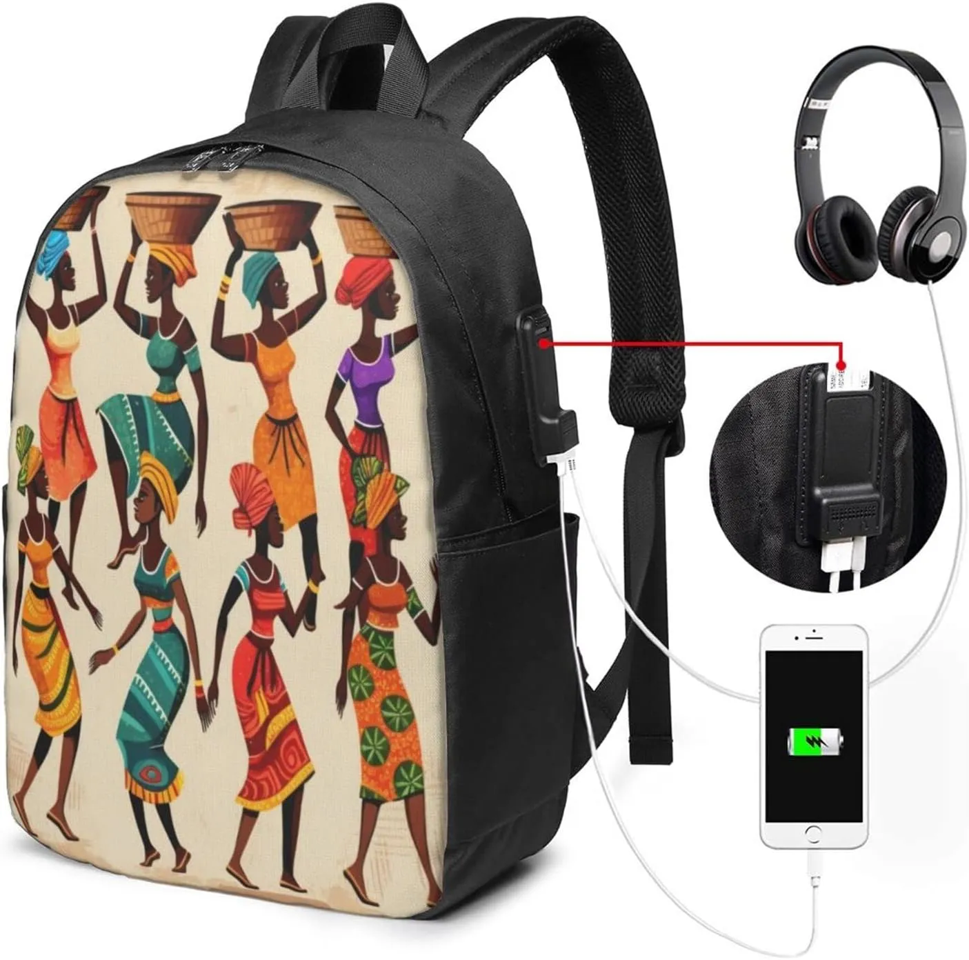African Women Afrocentric Artwork Travel Laptop Backpack - Durable Business Laptops Backpack with USB Charging Port