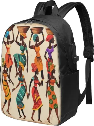African Women Afrocentric Artwork Travel Laptop Backpack - Durable Business Laptops Backpack with USB Charging Port