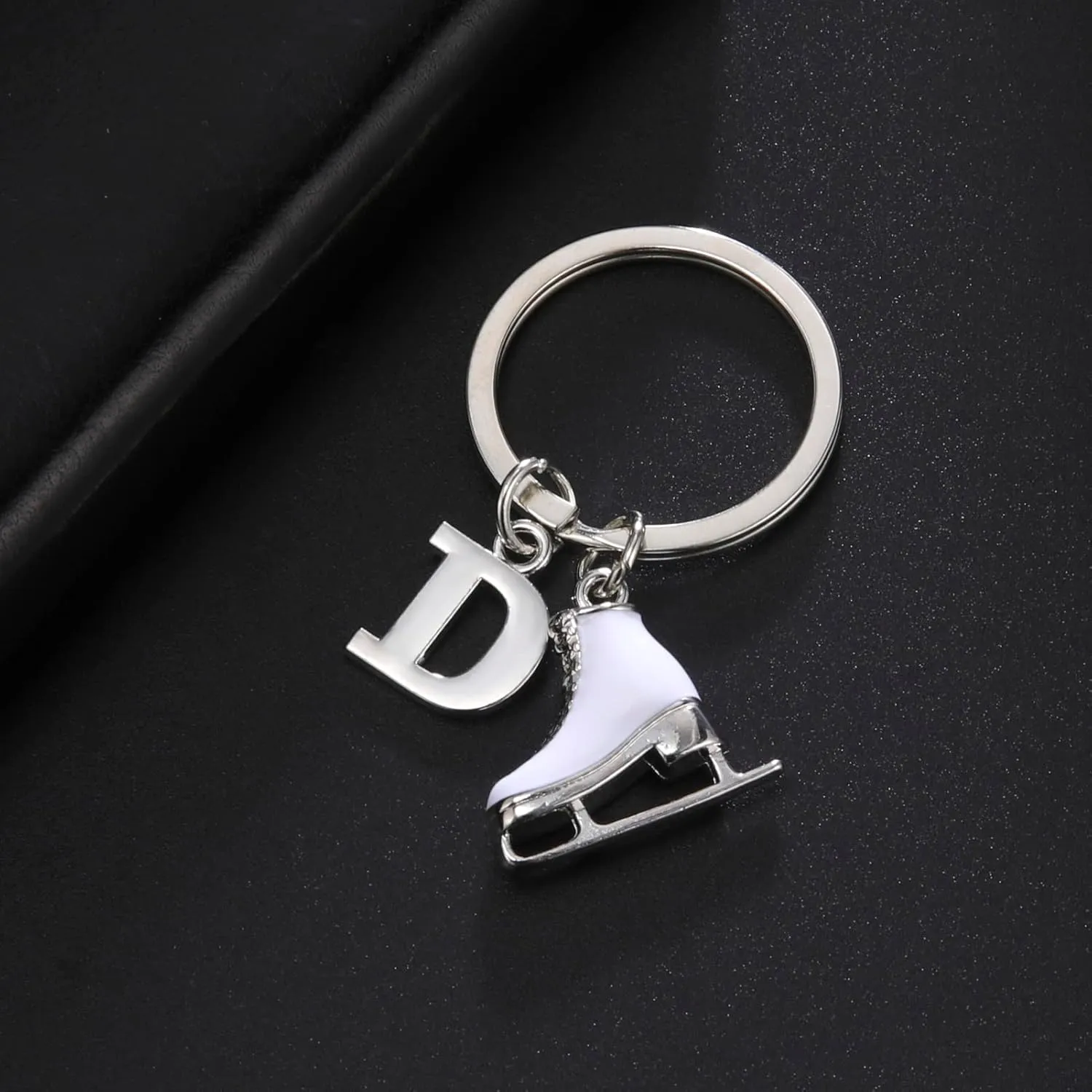 Amaxer White Enamel Ice Skates Shoes Pendant Keyring Alphabet Letters A-Z Ice Skating Stainless Steel Keychain for Unisex