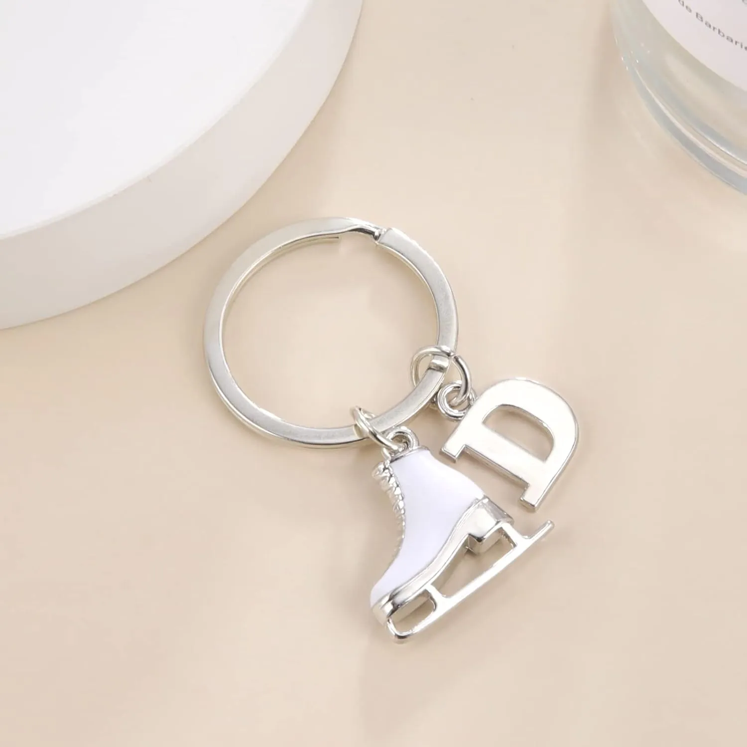 Amaxer White Enamel Ice Skates Shoes Pendant Keyring Alphabet Letters A-Z Ice Skating Stainless Steel Keychain for Unisex