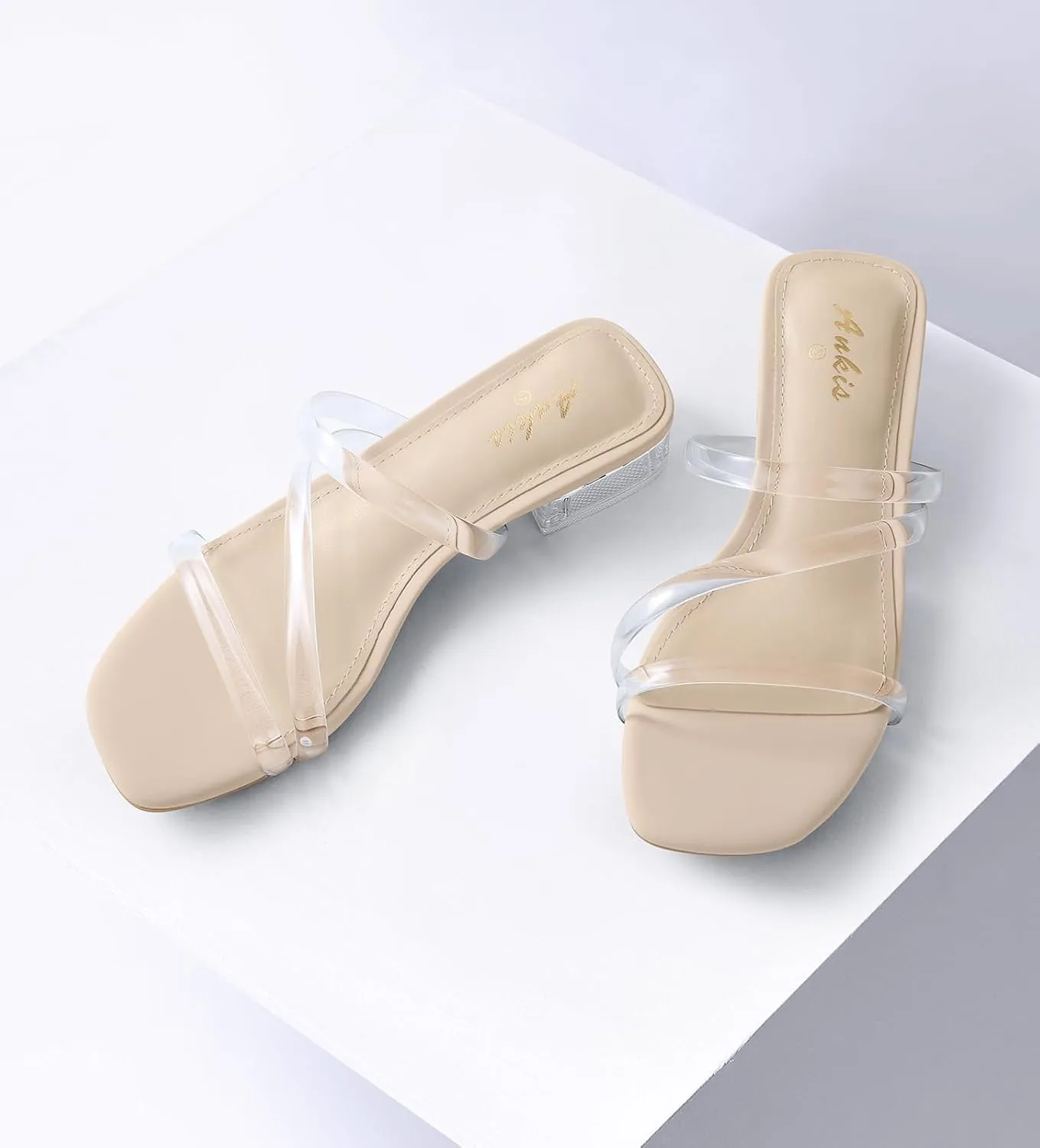 Ankis Black Nude White Strappy Heels Women 1 Inch Low Chunky Block Heel Heeled Sandals Square Open Toe Slip On Slides Mules