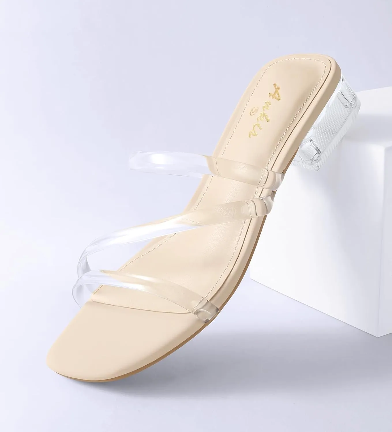 Ankis Black Nude White Strappy Heels Women 1 Inch Low Chunky Block Heel Heeled Sandals Square Open Toe Slip On Slides Mules