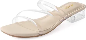 Ankis Black Nude White Strappy Heels Women 1 Inch Low Chunky Block Heel Heeled Sandals Square Open Toe Slip On Slides Mules