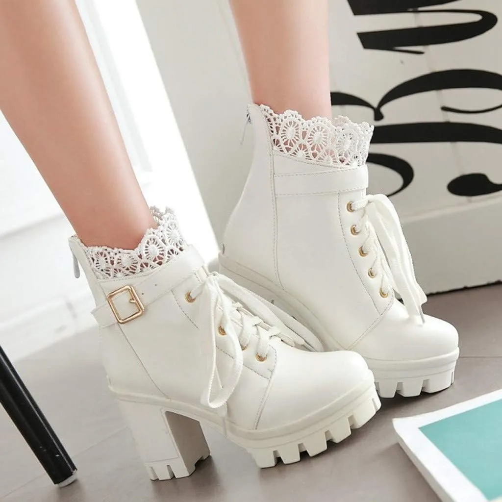 Ankle Boots for Women Dressy Mid Calf Boots for Women Large Size Chunky Waterproof Lace Lace High Heeled Short Boots