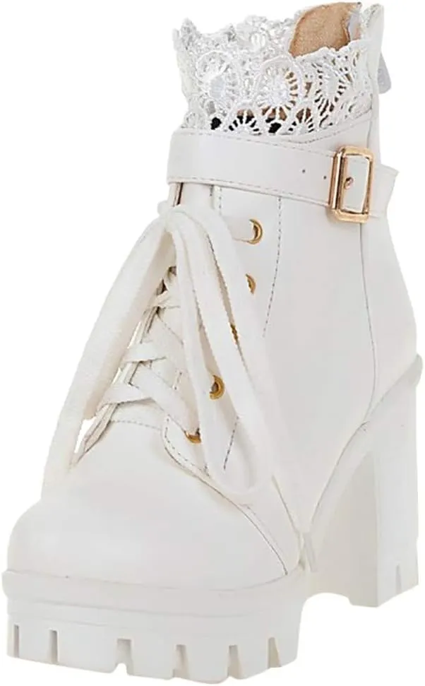 Ankle Boots for Women Dressy Mid Calf Boots for Women Large Size Chunky Waterproof Lace Lace High Heeled Short Boots