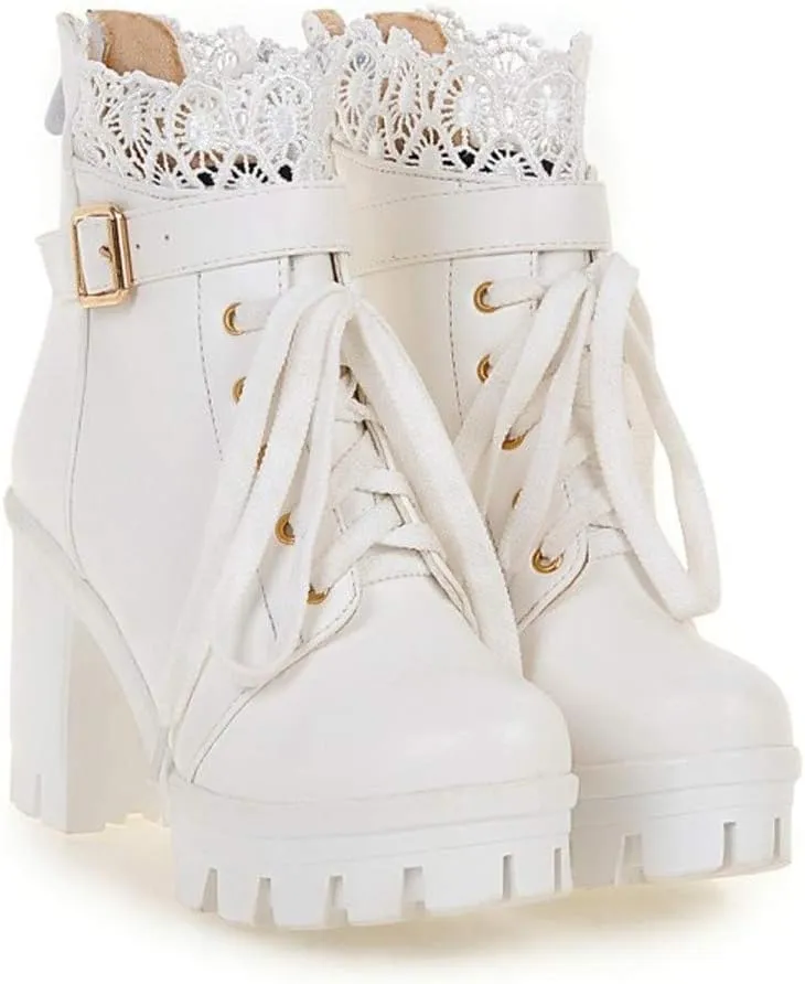 Ankle Boots for Women Dressy Mid Calf Boots for Women Large Size Chunky Waterproof Lace Lace High Heeled Short Boots