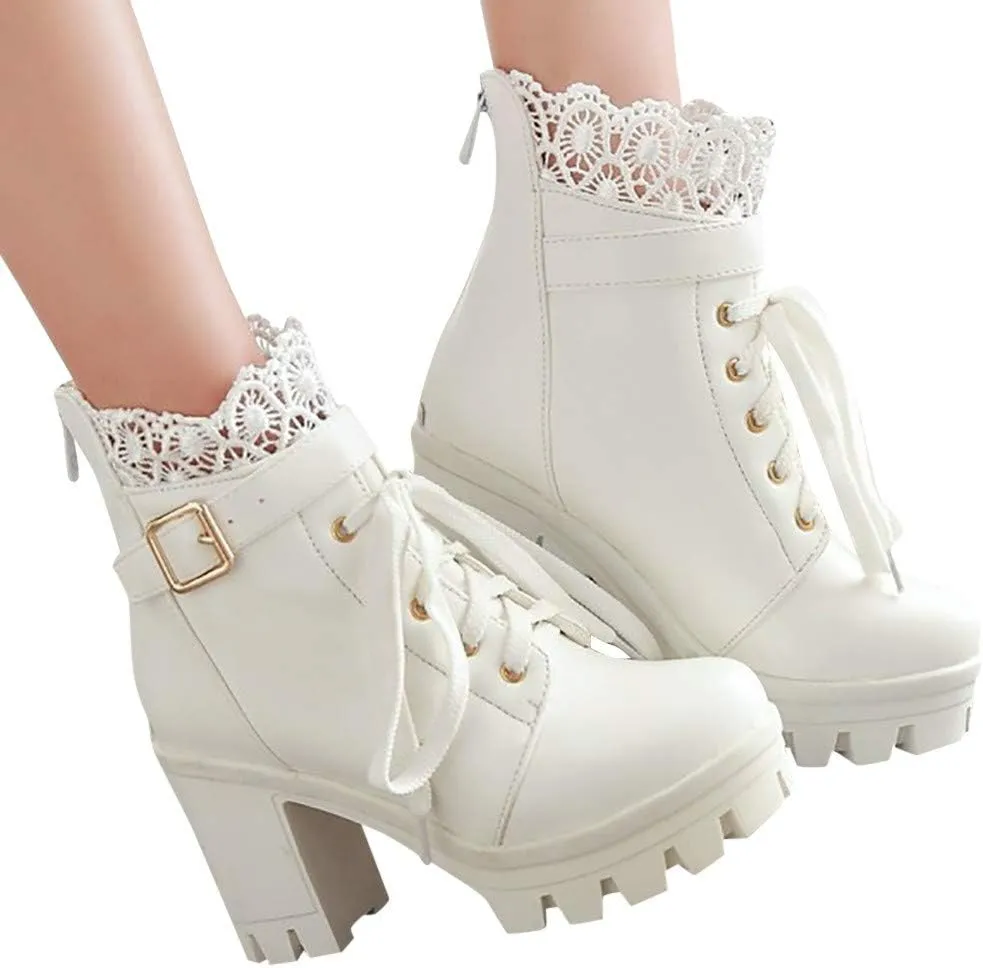 Ankle Boots for Women Dressy Mid Calf Boots for Women Large Size Chunky Waterproof Lace Lace High Heeled Short Boots