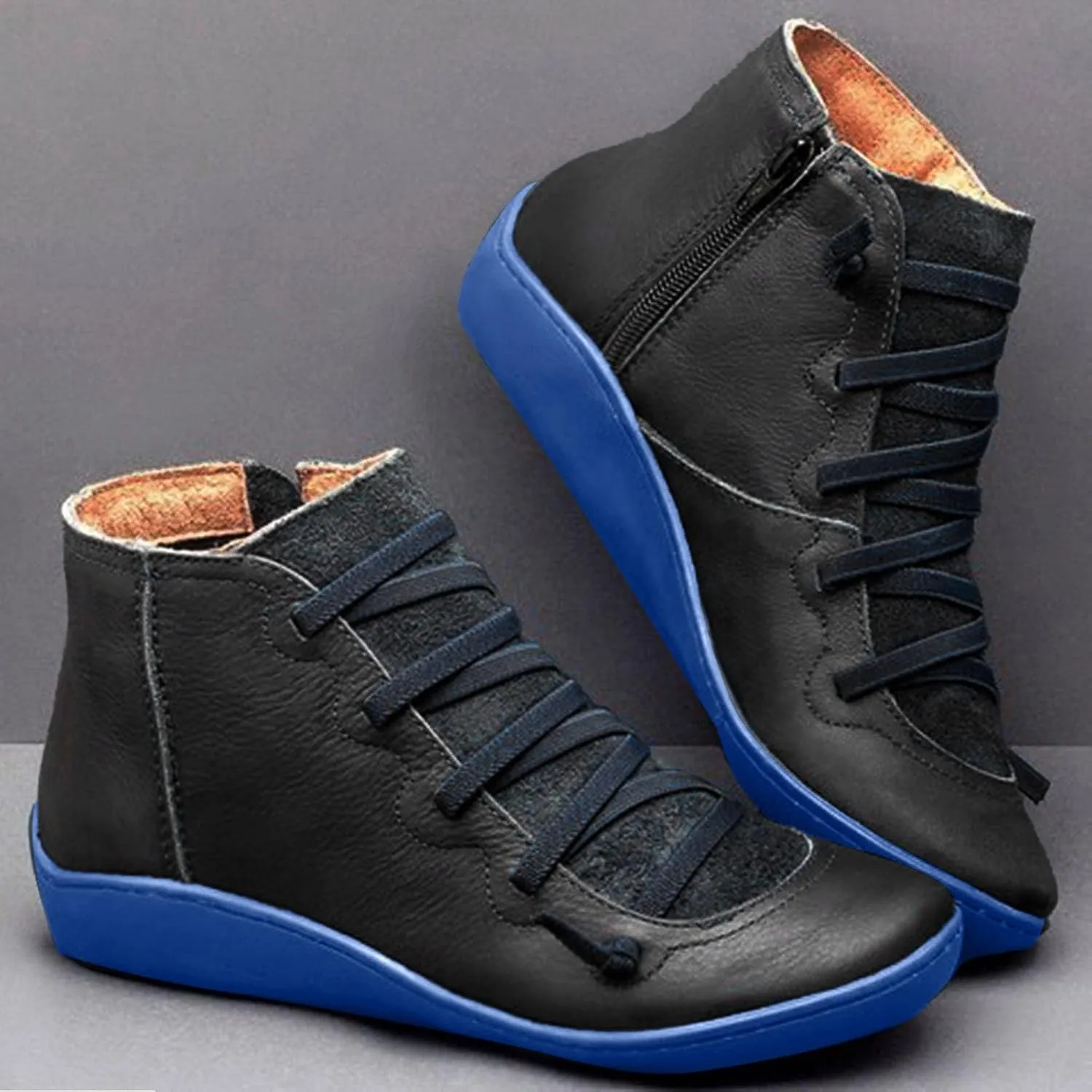 Ankle Boots for Women Fall Boots for Women 2024 Low Heel Casual Retro Leather Round Lace-up Shoes Flat Zipper Booties