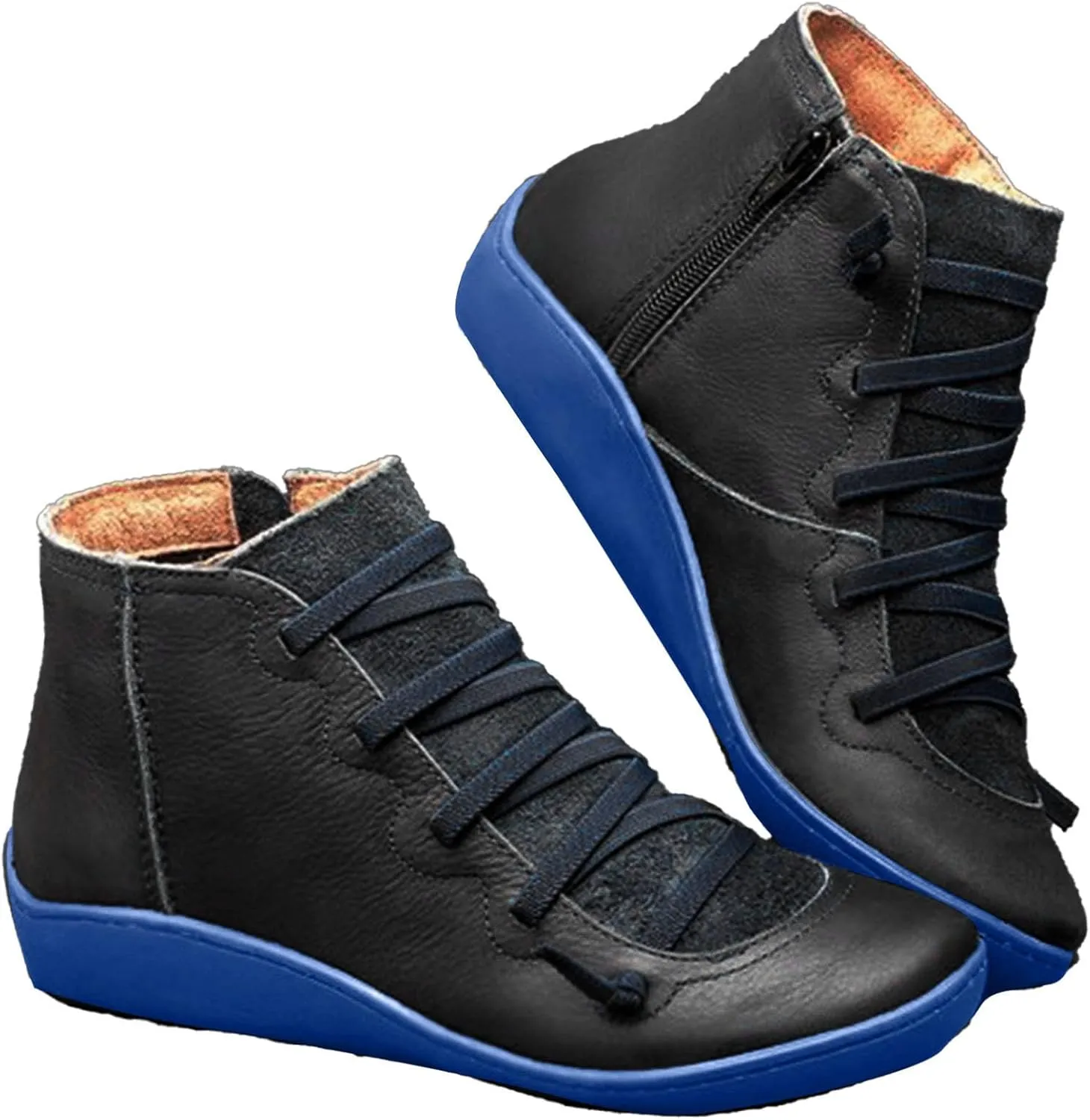 Ankle Boots for Women Fall Boots for Women 2024 Low Heel Casual Retro Leather Round Lace-up Shoes Flat Zipper Booties