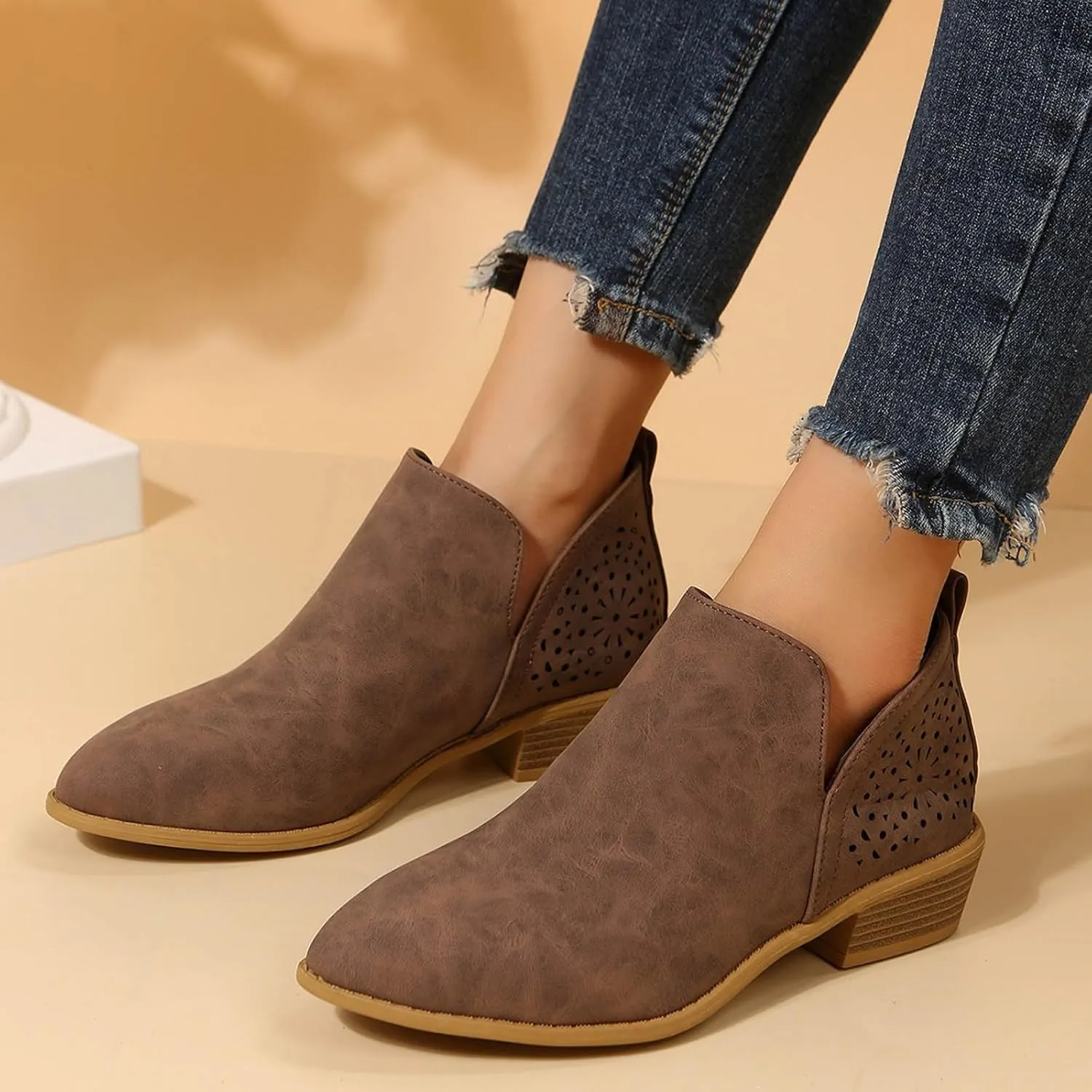 Ankle Boots for Women Low Heel Women's Boots Ankle Booties Pointed Toe Pull on Chunky Heel Slip on V Cut Women Boots