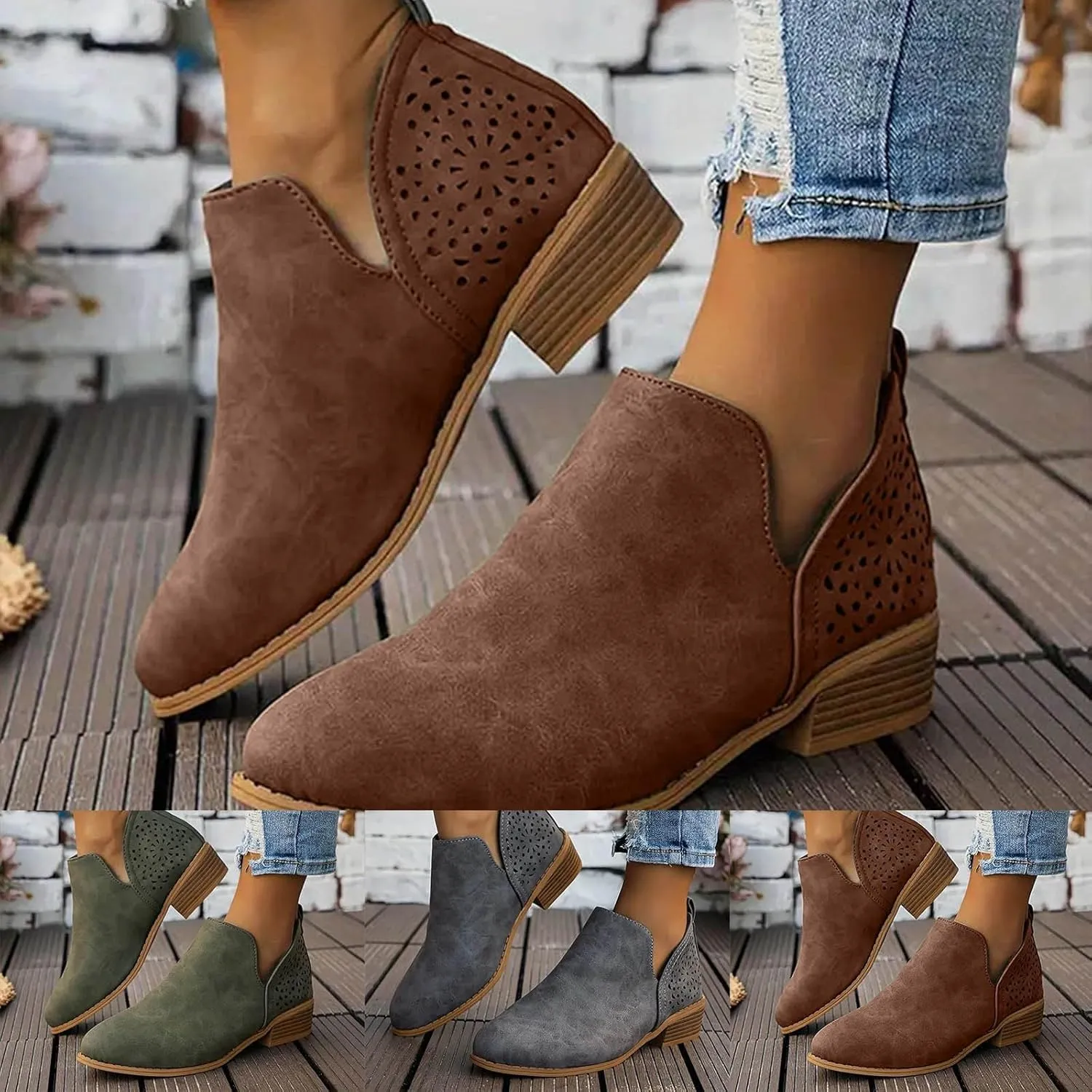 Ankle Boots for Women Low Heel Women's Boots Ankle Booties Pointed Toe Pull on Chunky Heel Slip on V Cut Women Boots