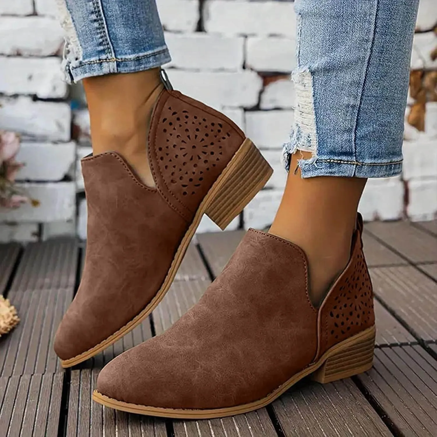 Ankle Boots for Women Low Heel Women's Boots Ankle Booties Pointed Toe Pull on Chunky Heel Slip on V Cut Women Boots