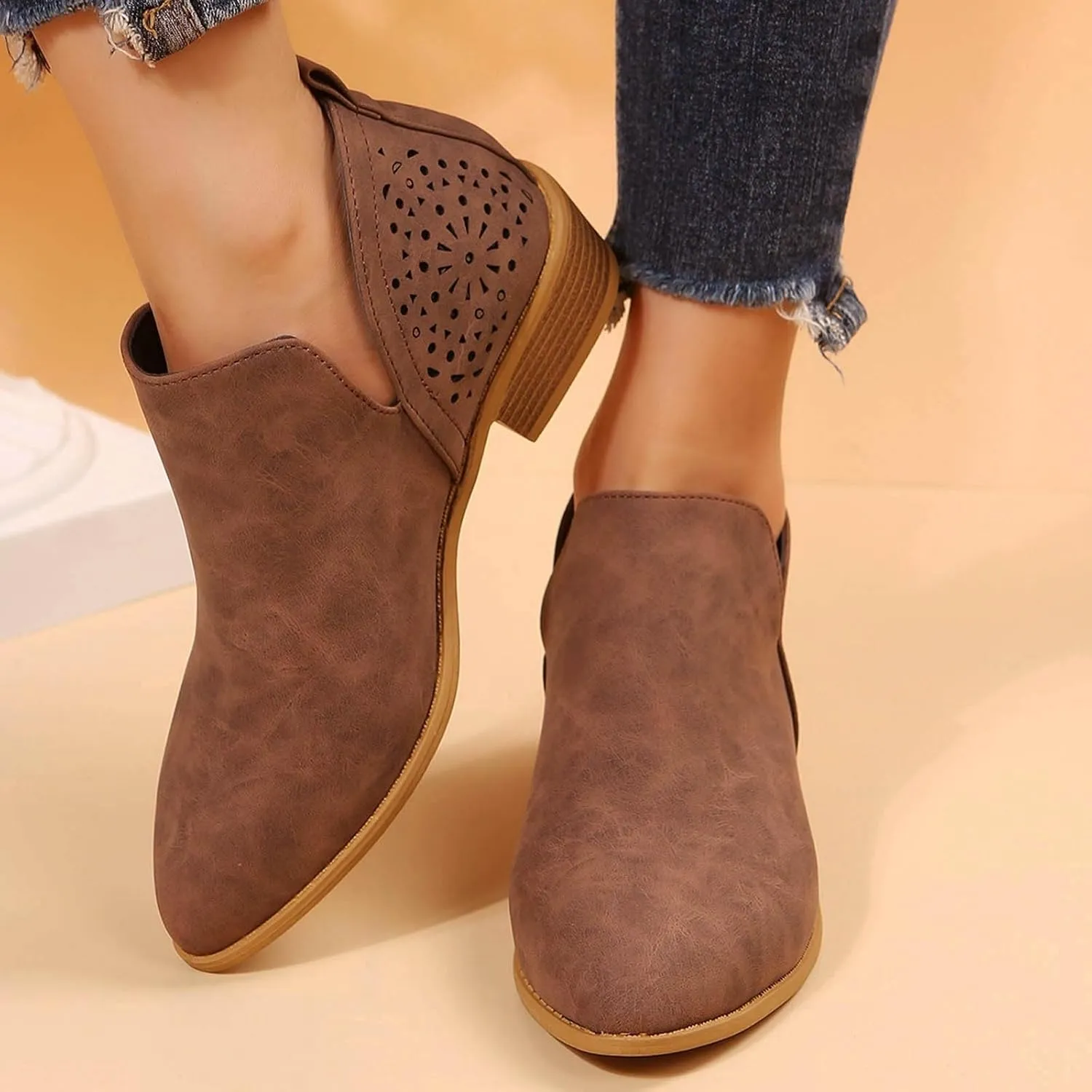 Ankle Boots for Women Low Heel Women's Boots Ankle Booties Pointed Toe Pull on Chunky Heel Slip on V Cut Women Boots