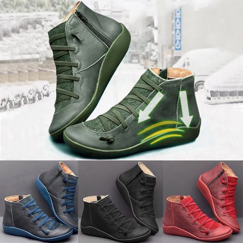 Ankle Boots for Women Round Toe Arch Support Booties Side Zip-Up Vintage Leather Boots Lace up Flat Heel Booties