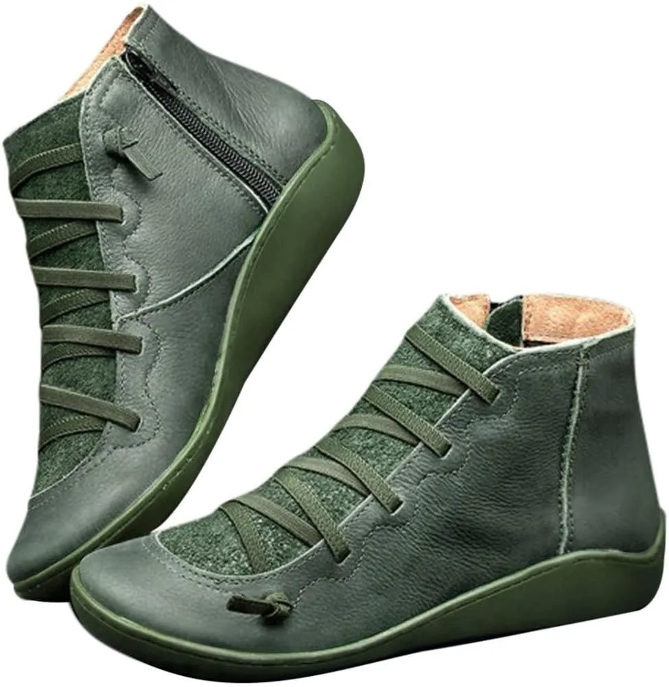 Ankle Boots for Women Round Toe Arch Support Booties Side Zip-Up Vintage Leather Boots Lace up Flat Heel Booties