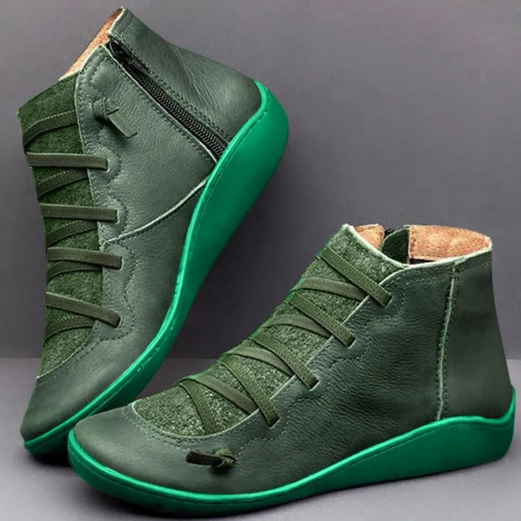 Ankle Boots for Women Round Toe Arch Support Booties Side Zip-Up Vintage Leather Boots Lace up Flat Heel Booties