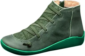 Ankle Boots for Women Round Toe Arch Support Booties Side Zip-Up Vintage Leather Boots Lace up Flat Heel Booties