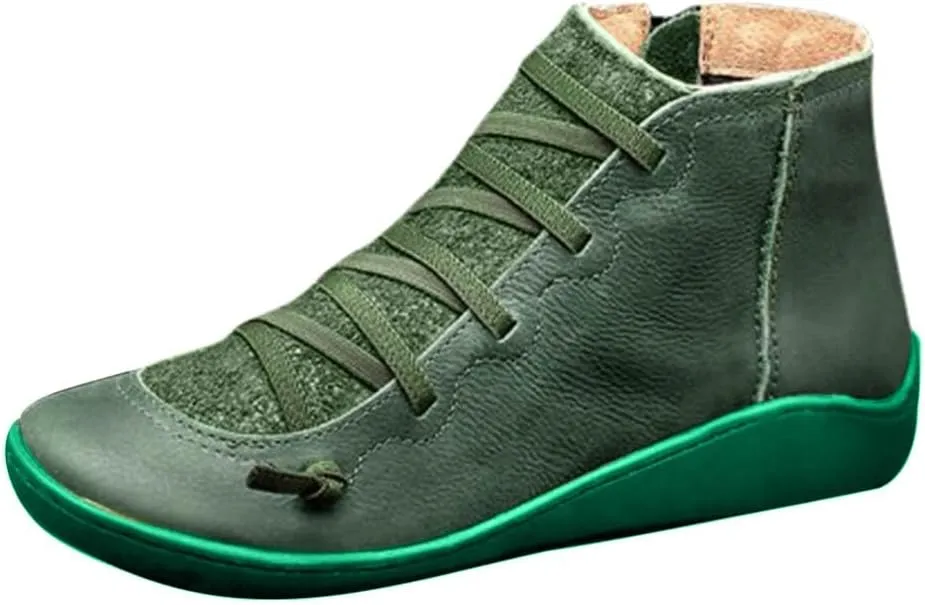 Ankle Boots for Women Round Toe Arch Support Booties Side Zip-Up Vintage Leather Boots Lace up Flat Heel Booties