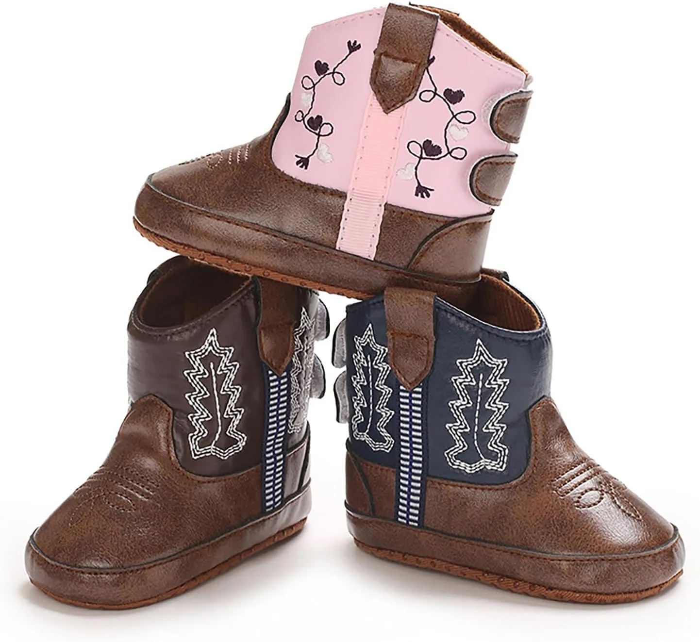Baby Girls Boys Leathe Western Boots Cowboy Bootie Soft Sole Non-Slip Crib Shoes for Infant Round Toe Ankle Boots