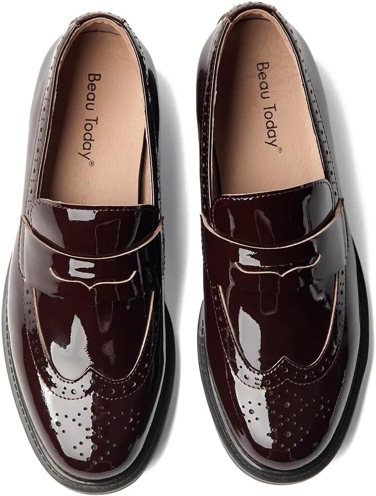 BEAU TODAY Flat Loafers for Women, Womens Leather Penny Loafers, Slip-on Flats for Women, Comfortable Dressy Business Casual Office Non-Slip Round Toe Loafers