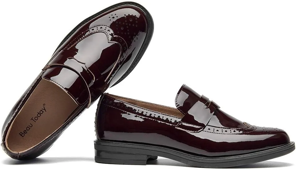 BEAU TODAY Flat Loafers for Women, Womens Leather Penny Loafers, Slip-on Flats for Women, Comfortable Dressy Business Casual Office Non-Slip Round Toe Loafers