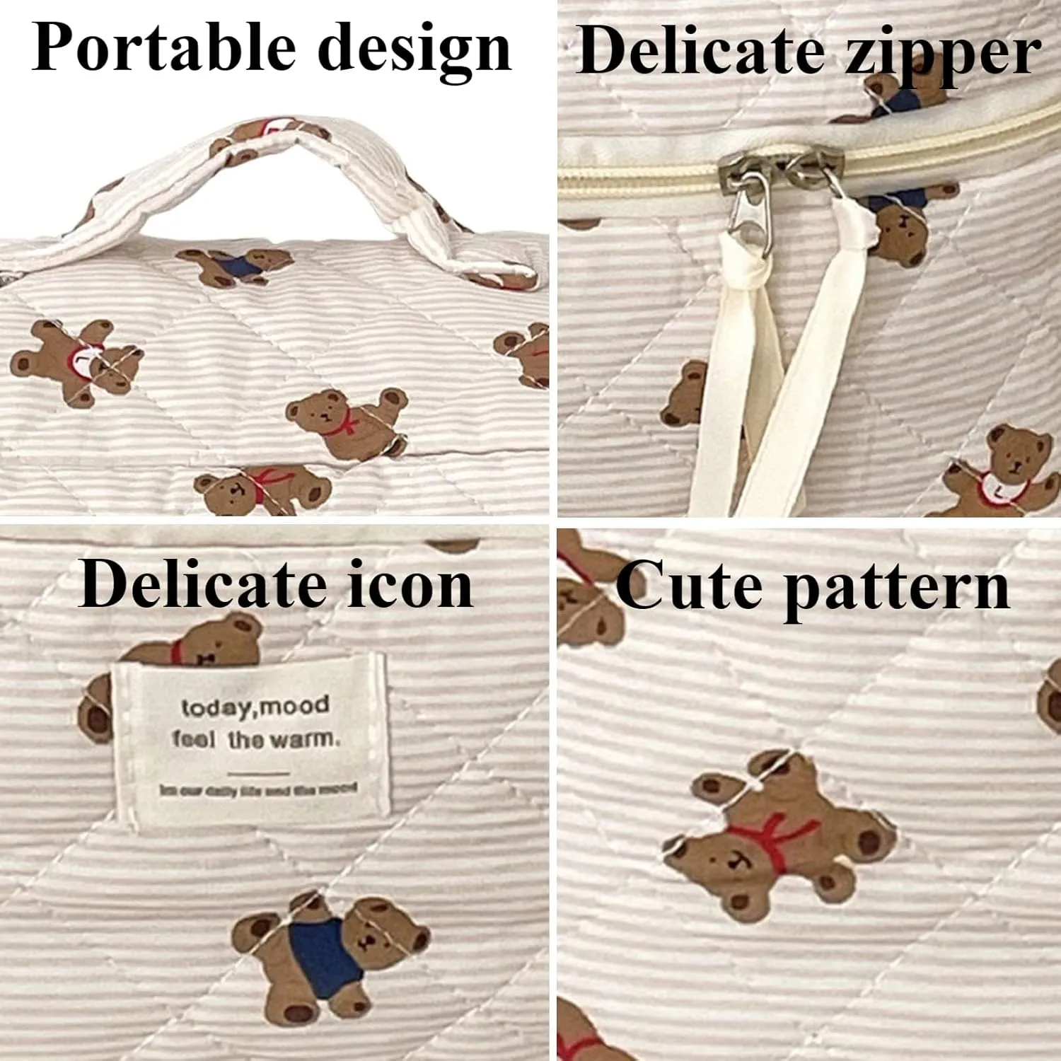 Beige MakeUp Bag Set 3PCS Quilted Make Up Pouch Cute Cotton Cosmetic Bag for Travel Striped Bear Large Toiletry Bag For Women(C)