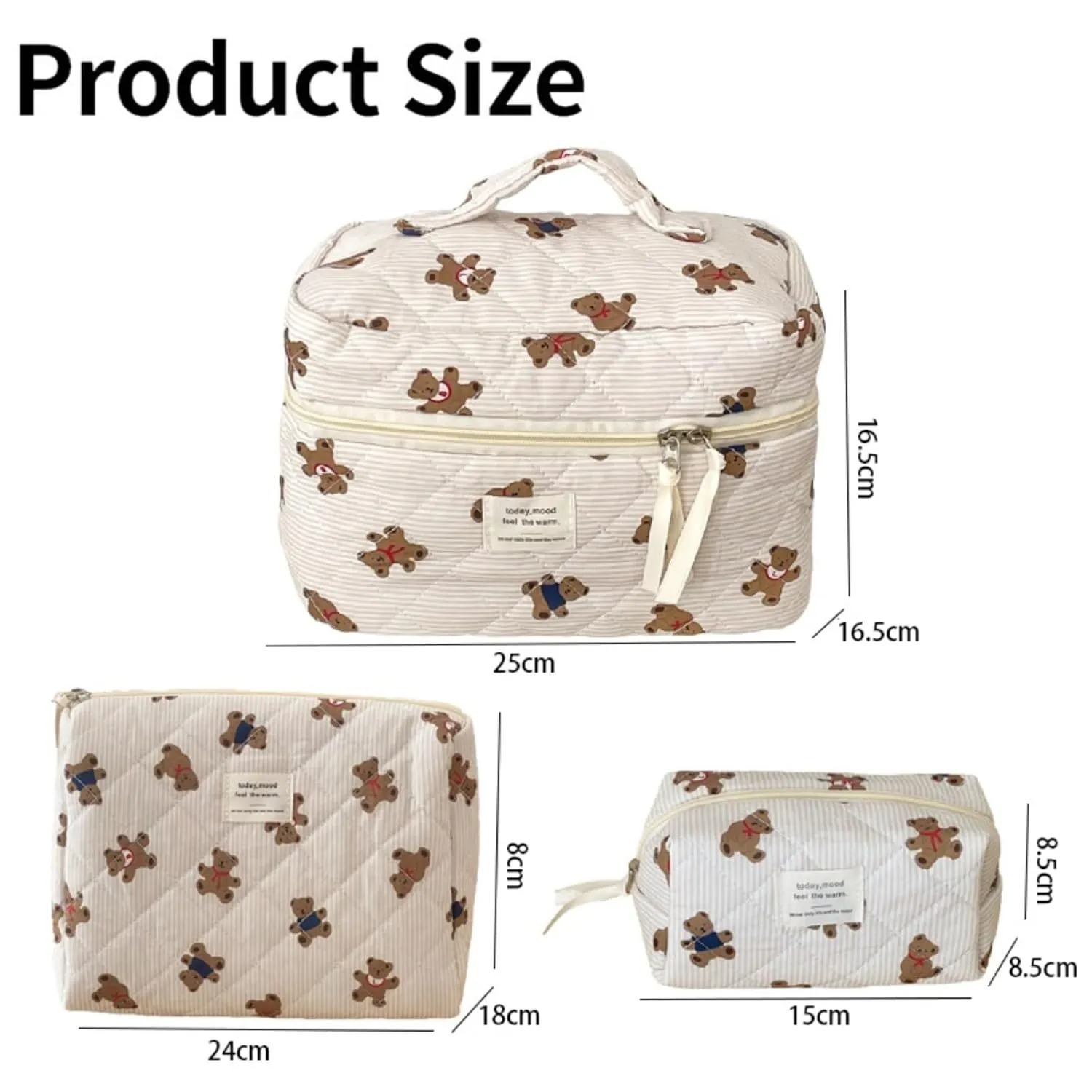 Beige MakeUp Bag Set 3PCS Quilted Make Up Pouch Cute Cotton Cosmetic Bag for Travel Striped Bear Large Toiletry Bag For Women(C)