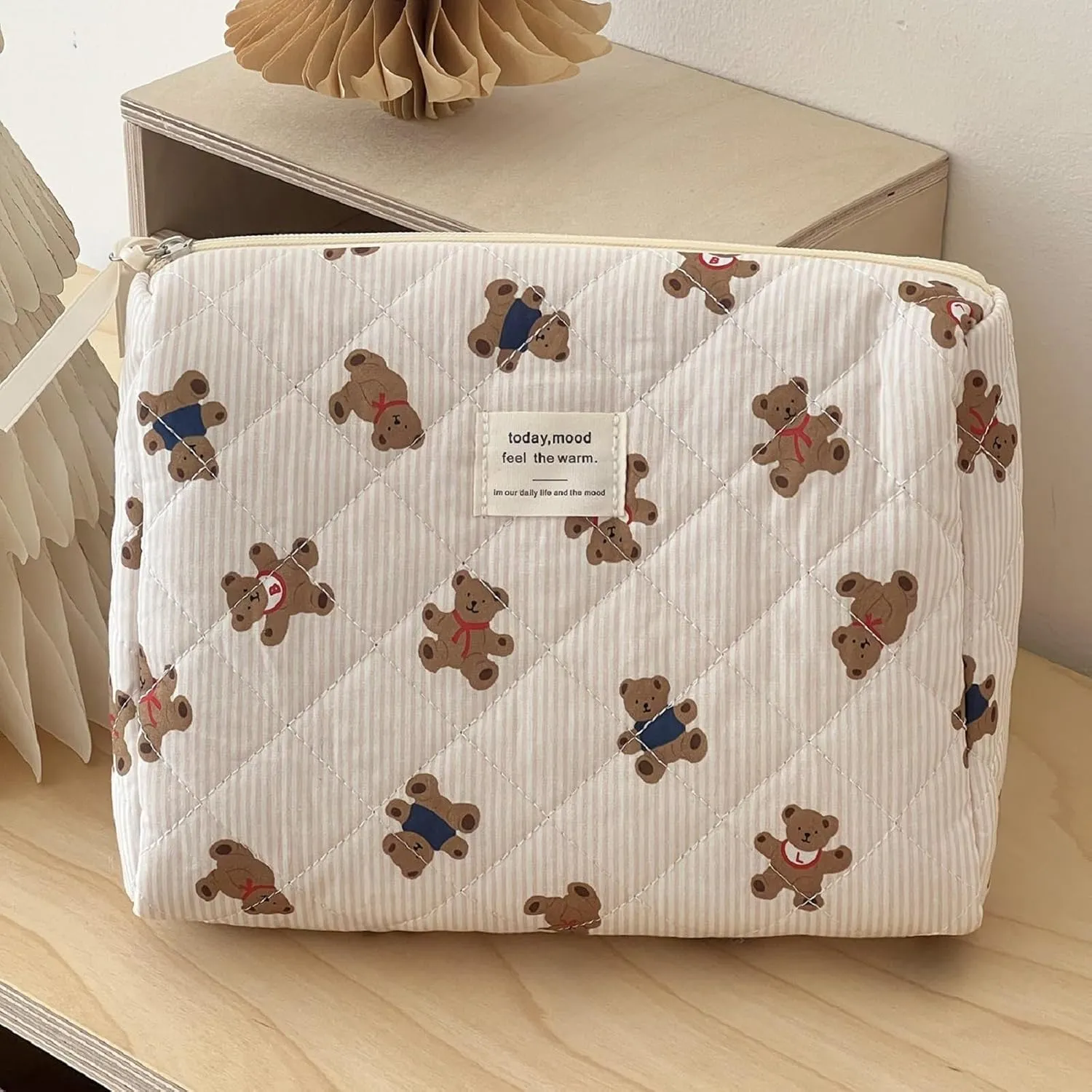 Beige MakeUp Bag Set 3PCS Quilted Make Up Pouch Cute Cotton Cosmetic Bag for Travel Striped Bear Large Toiletry Bag For Women(C)