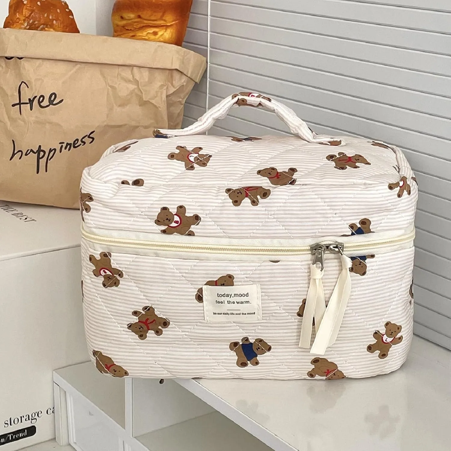 Beige MakeUp Bag Set 3PCS Quilted Make Up Pouch Cute Cotton Cosmetic Bag for Travel Striped Bear Large Toiletry Bag For Women(C)