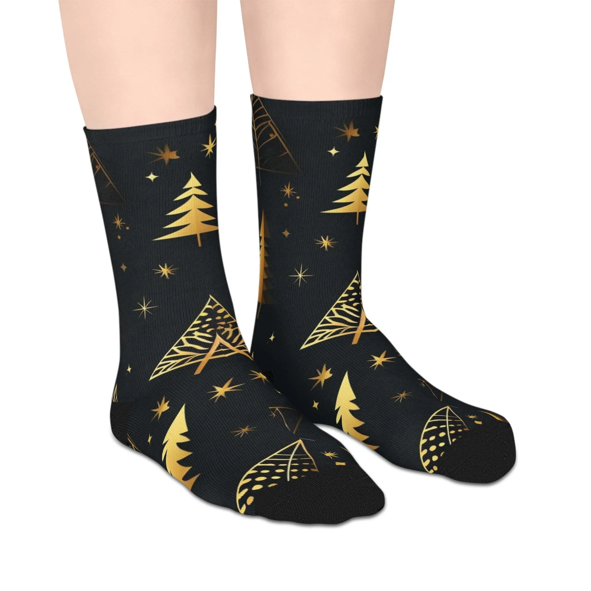 Black and Gold Christmas Tree Mid-length Socks, Elegant Holiday Stockings for Festive Season, Xmas Tree Design Accessories, Winter Gift,