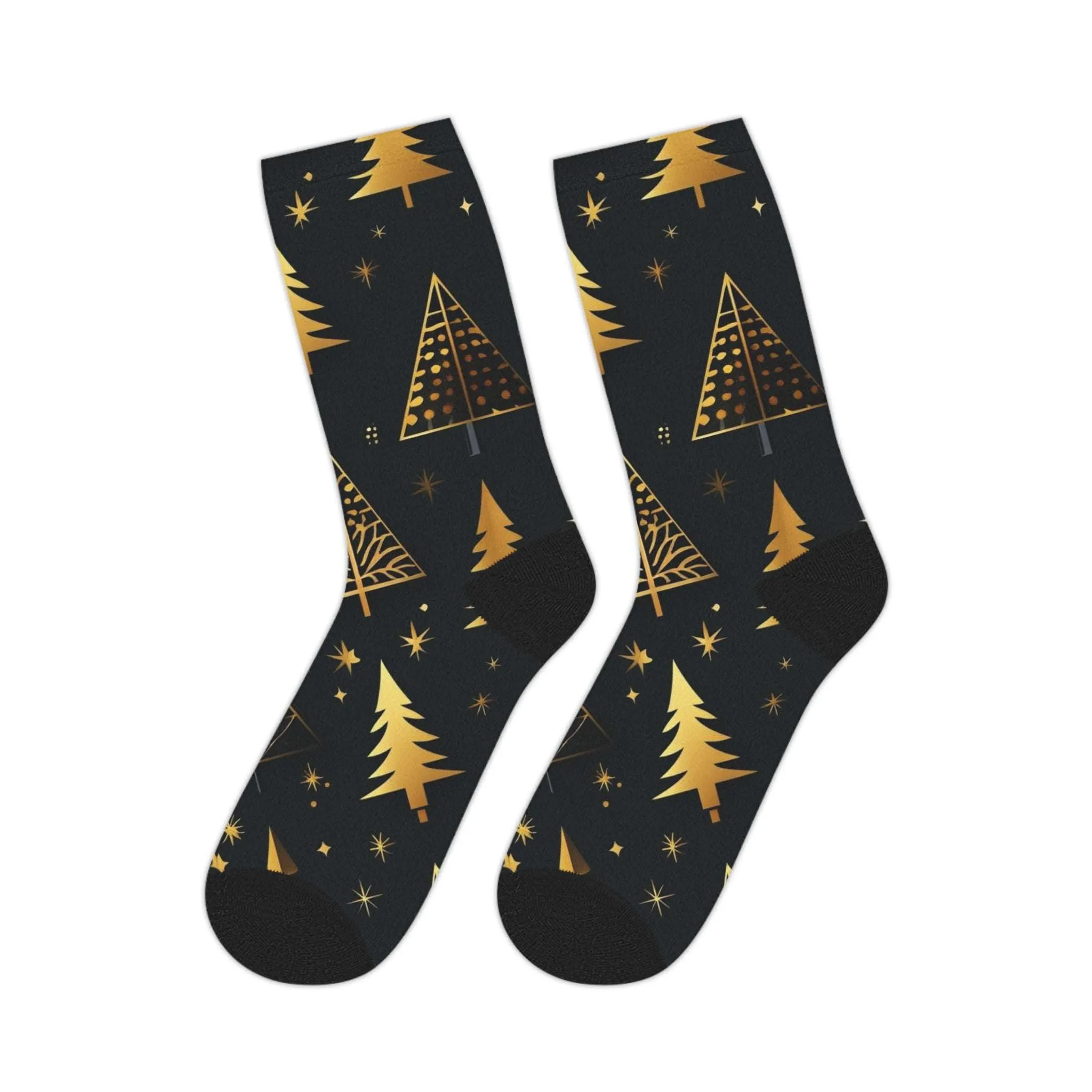 Black and Gold Christmas Tree Mid-length Socks, Elegant Holiday Stockings for Festive Season, Xmas Tree Design Accessories, Winter Gift,