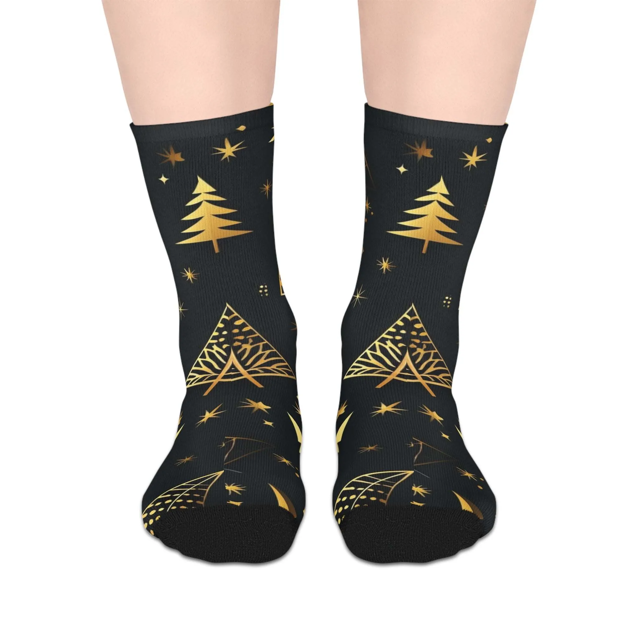 Black and Gold Christmas Tree Mid-length Socks, Elegant Holiday Stockings for Festive Season, Xmas Tree Design Accessories, Winter Gift,