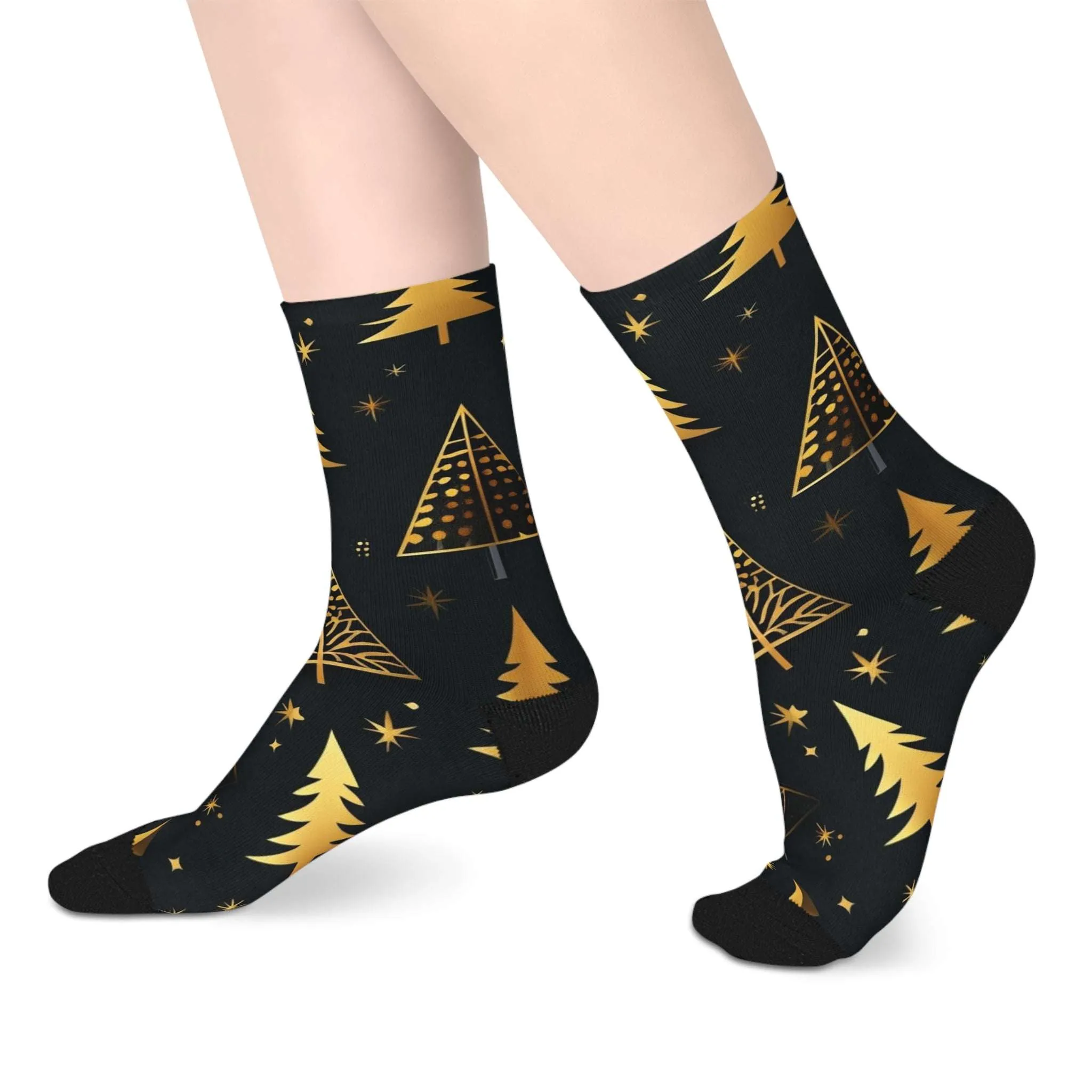 Black and Gold Christmas Tree Mid-length Socks, Elegant Holiday Stockings for Festive Season, Xmas Tree Design Accessories, Winter Gift,
