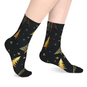 Black and Gold Christmas Tree Mid-length Socks, Elegant Holiday Stockings for Festive Season, Xmas Tree Design Accessories, Winter Gift,