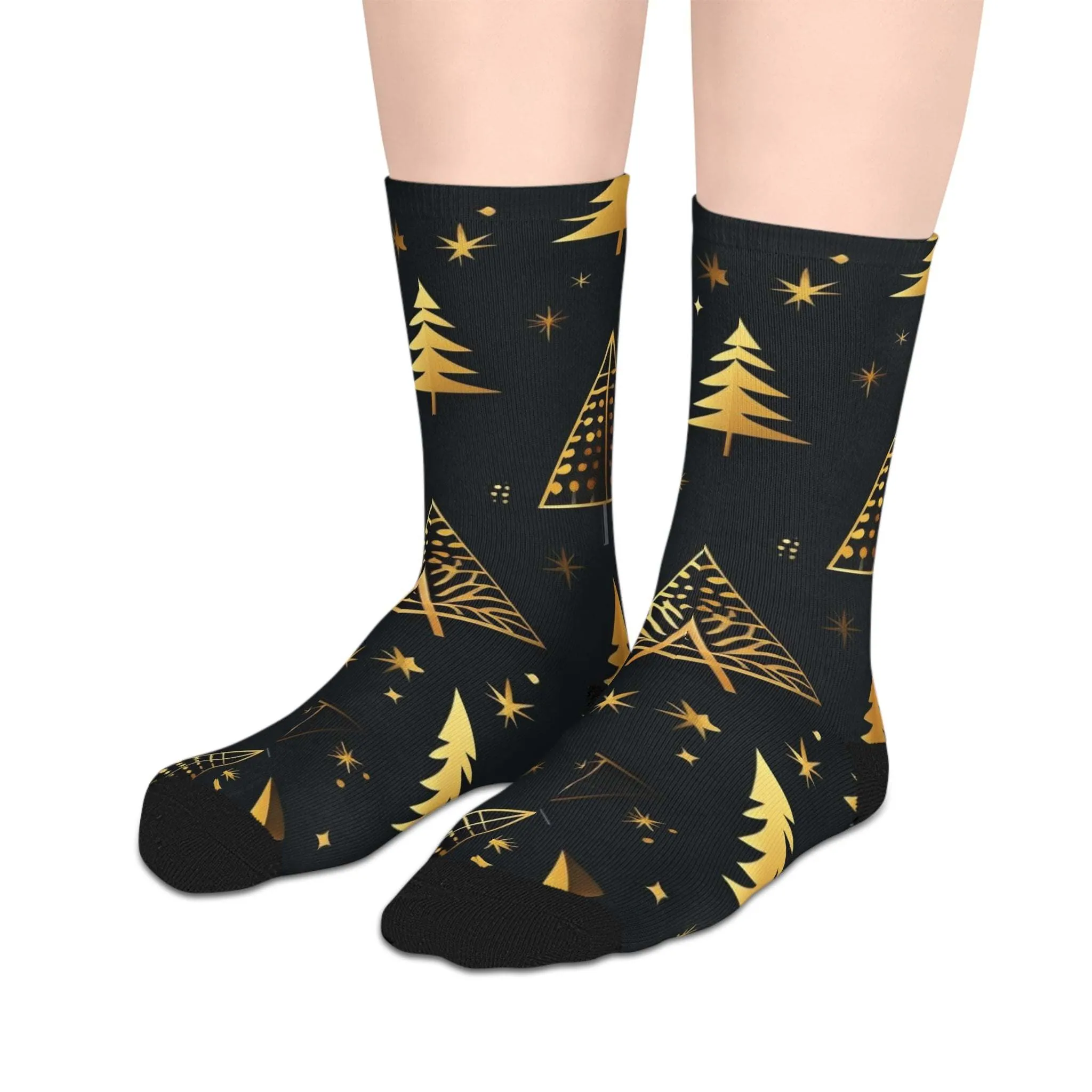Black and Gold Christmas Tree Mid-length Socks, Elegant Holiday Stockings for Festive Season, Xmas Tree Design Accessories, Winter Gift,