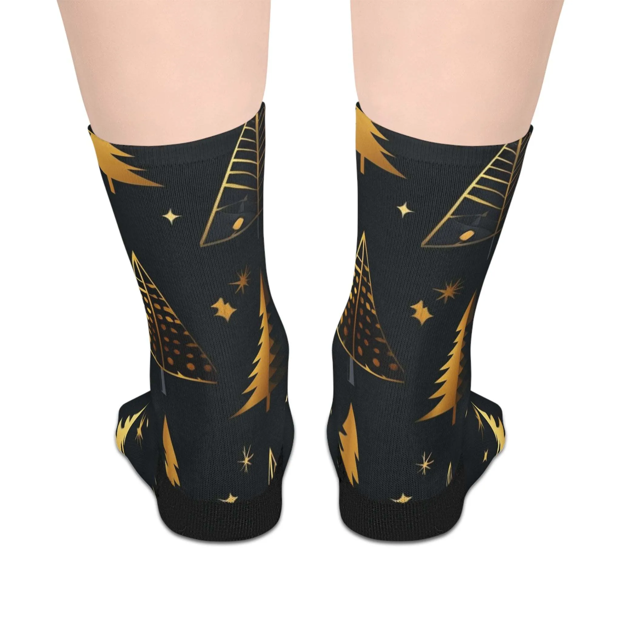 Black and Gold Christmas Tree Mid-length Socks, Elegant Holiday Stockings for Festive Season, Xmas Tree Design Accessories, Winter Gift,