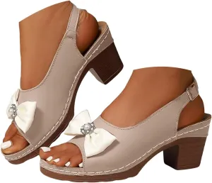 Block Heel Sandals for Women 2025 Comfy Slingback Peep Toe Adjustable Strappy Dressy Sandal with Bow Decor Chunky Low Heeled Ladies Backless Cushion Footbed Orthopedic Arch Support Shoes