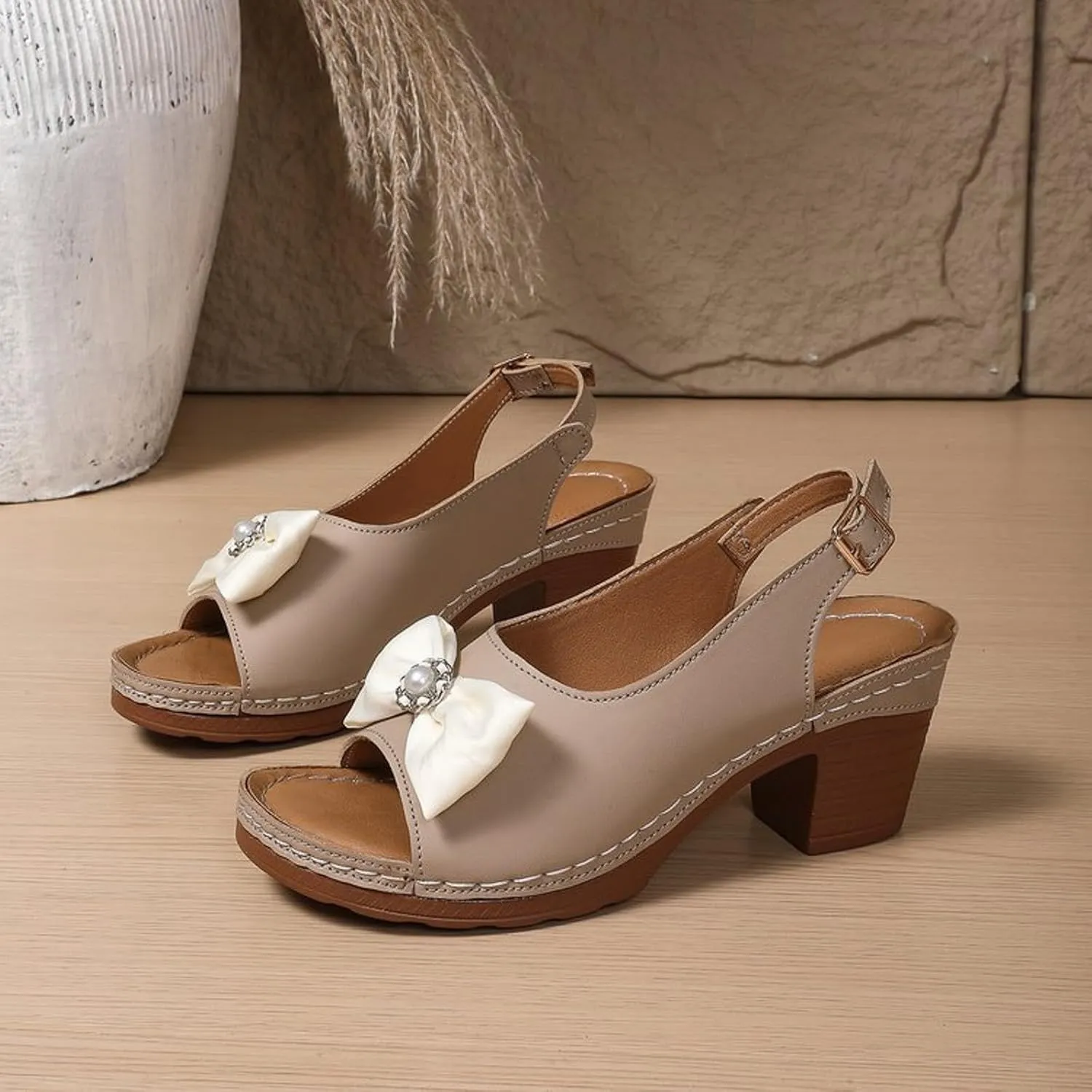 Block Heel Sandals for Women 2025 Comfy Slingback Peep Toe Adjustable Strappy Dressy Sandal with Bow Decor Chunky Low Heeled Ladies Backless Cushion Footbed Orthopedic Arch Support Shoes