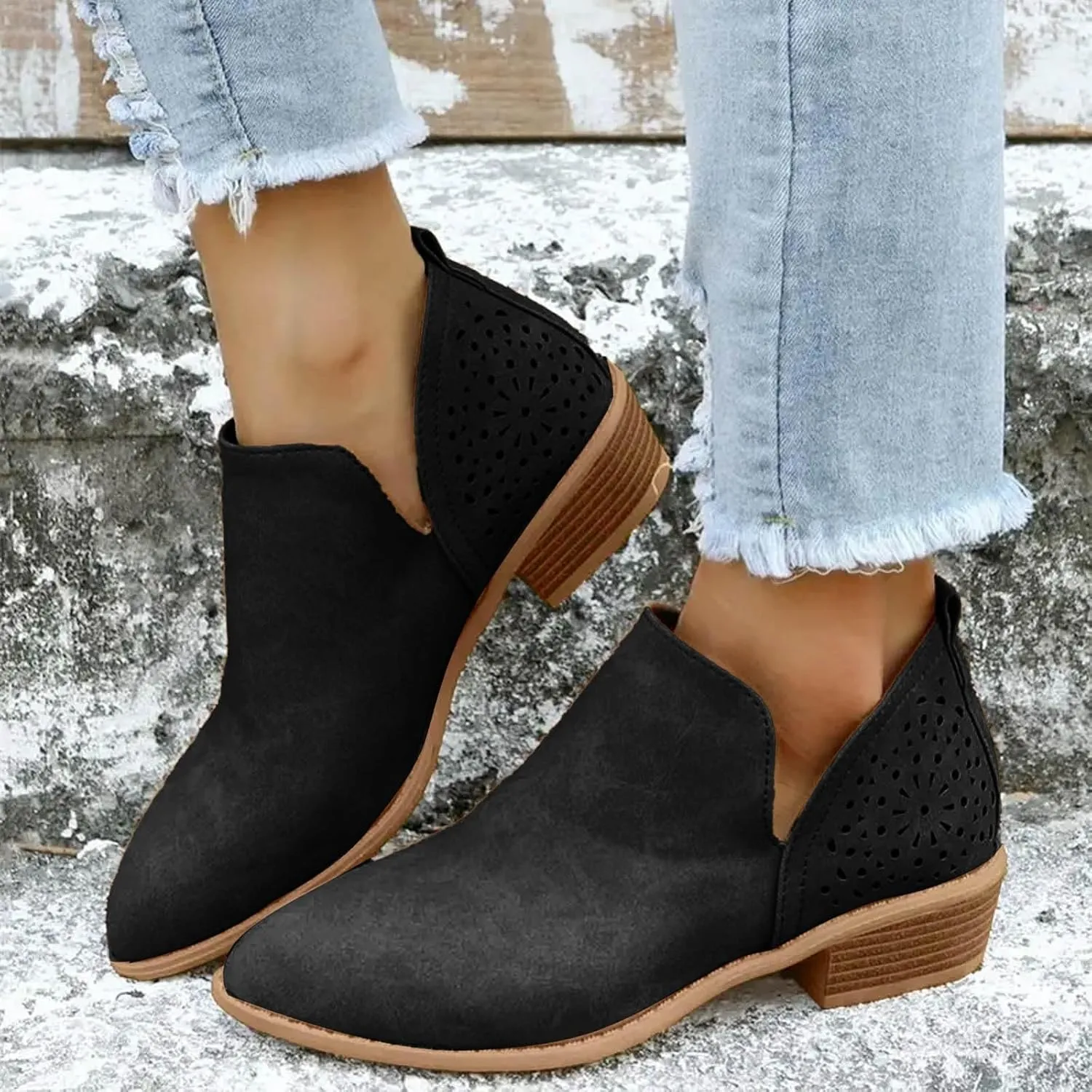 Boots for Women Ankle Booties Dressy Low Heel Booties for Women Embroidered Rainbow Side Heel Patch Fashionable