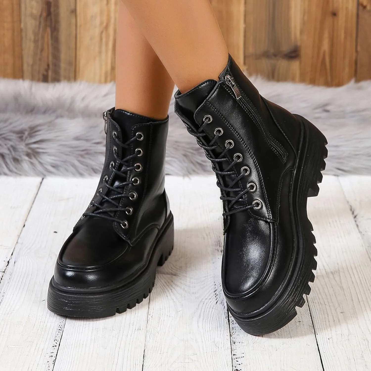 Boots for Women, Fashion Round Toe Thick Sole Autumn Winter Short Booties Shoes Lace Up Combat Shoes With Side Zipper