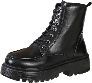 Boots for Women, Fashion Round Toe Thick Sole Autumn Winter Short Booties Shoes Lace Up Combat Shoes With Side Zipper