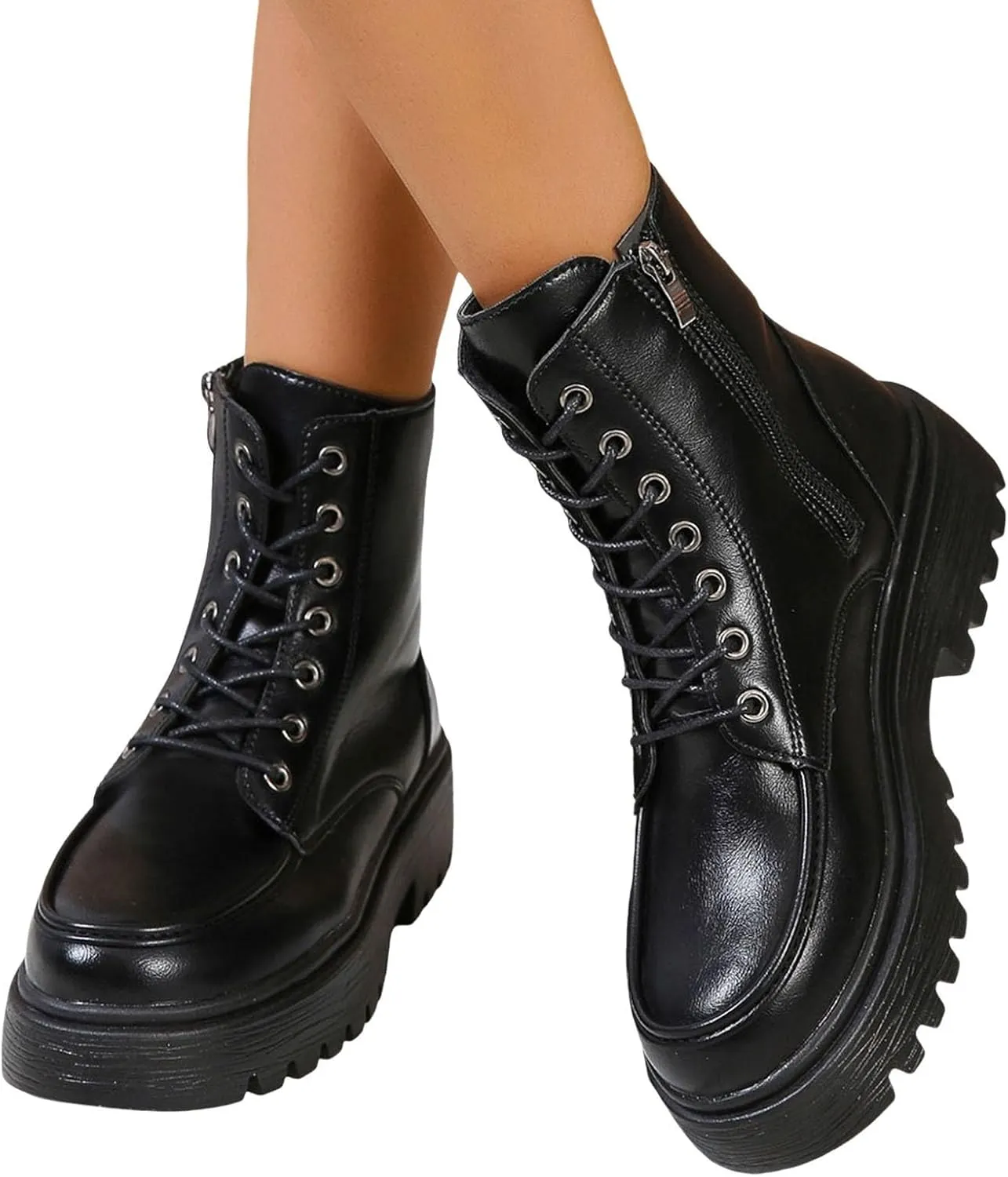 Boots for Women, Fashion Round Toe Thick Sole Autumn Winter Short Booties Shoes Lace Up Combat Shoes With Side Zipper
