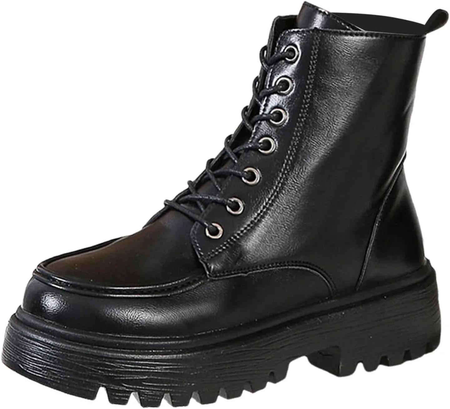 Boots for Women, Fashion Round Toe Thick Sole Autumn Winter Short Booties Shoes Lace Up Combat Shoes With Side Zipper