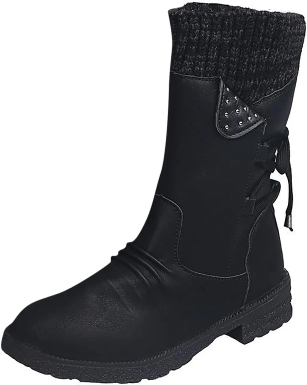 Boots for Women Lace up Fur Lined Booties Mid Calf Chunky Thick Heel Round Toe with Side Zipper Waterproof Winter Snow Shoes
