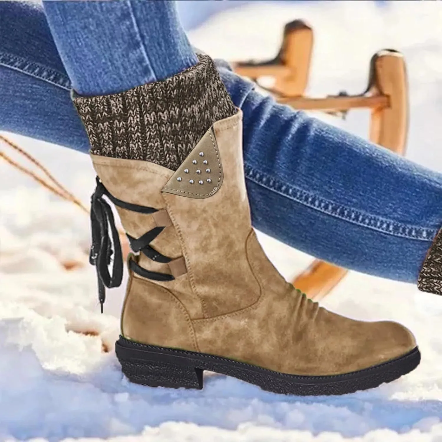Boots for Women Lace-up Fur Lined Mid Calf Shoes Round Toe Waterproof Winter Snow Booties Heel Chunky Thick with Side Zipper