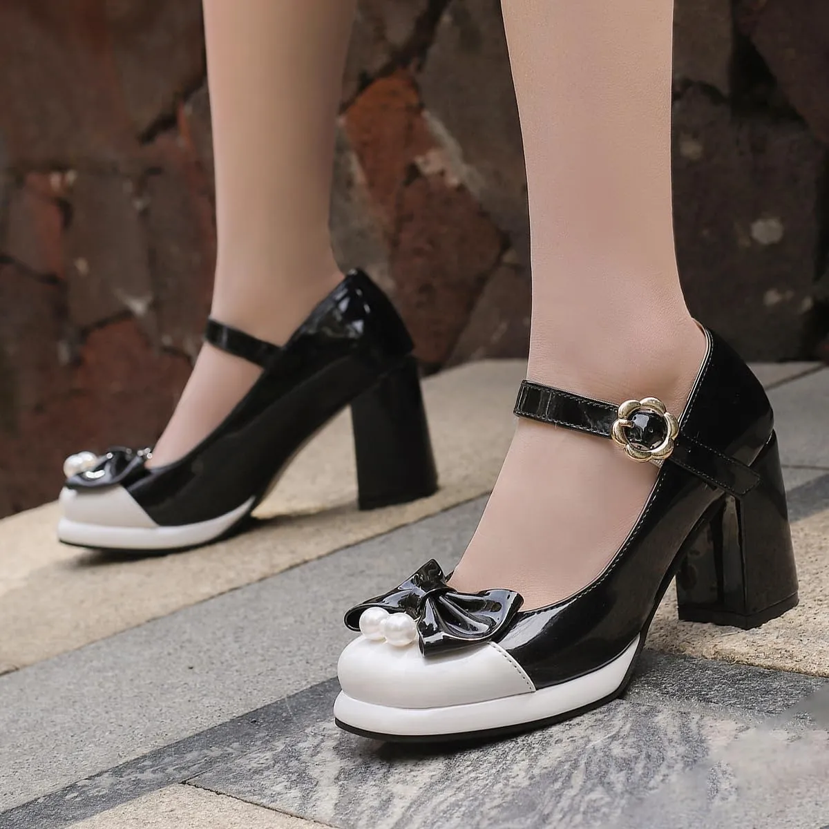 Bowtie Mixed Colors Chunky High Heels Closed Round Toe Mary Jane Pumps