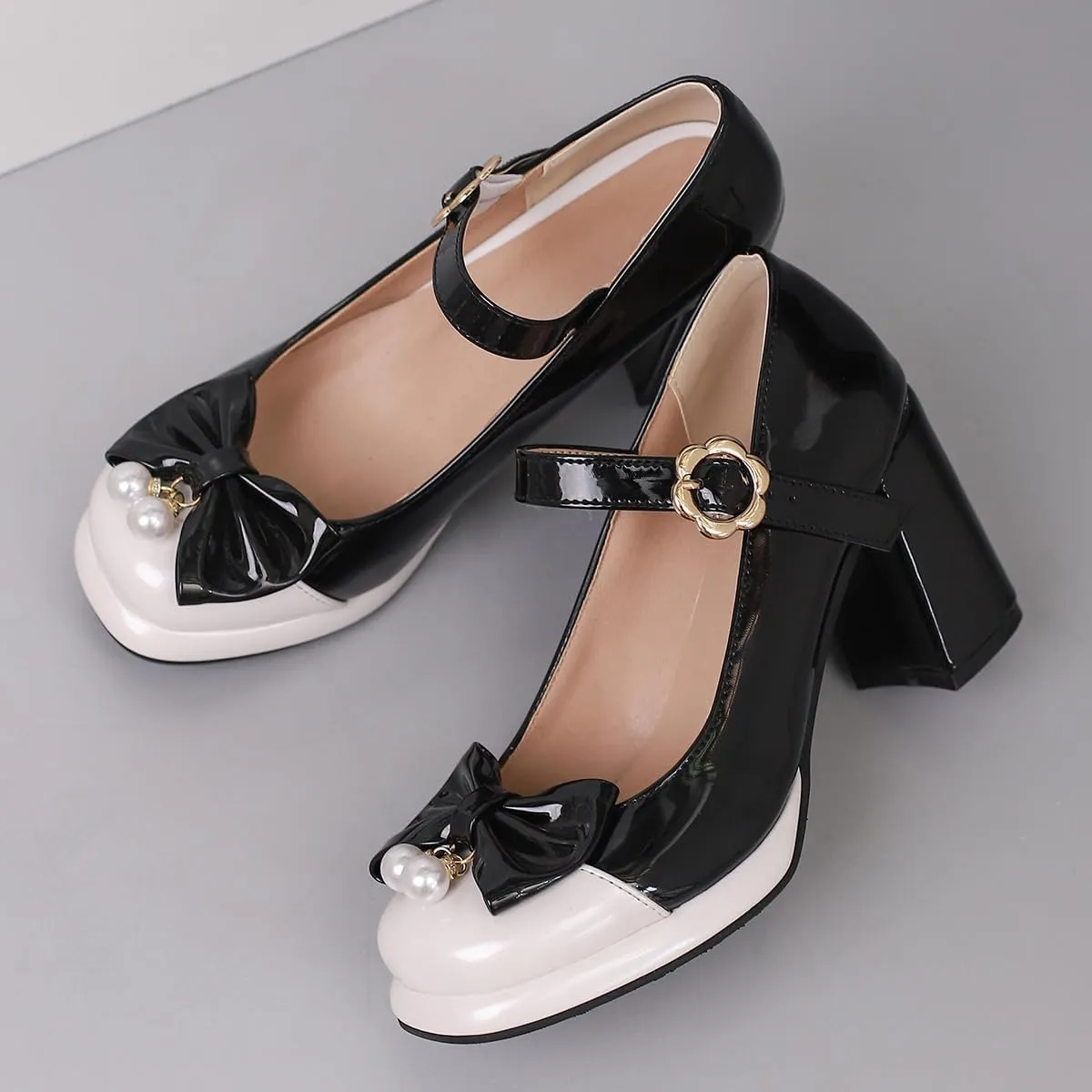 Bowtie Mixed Colors Chunky High Heels Closed Round Toe Mary Jane Pumps